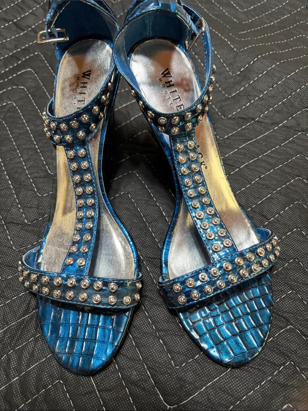 White House Black Market Metallic Blue Studded T-Strap Heels